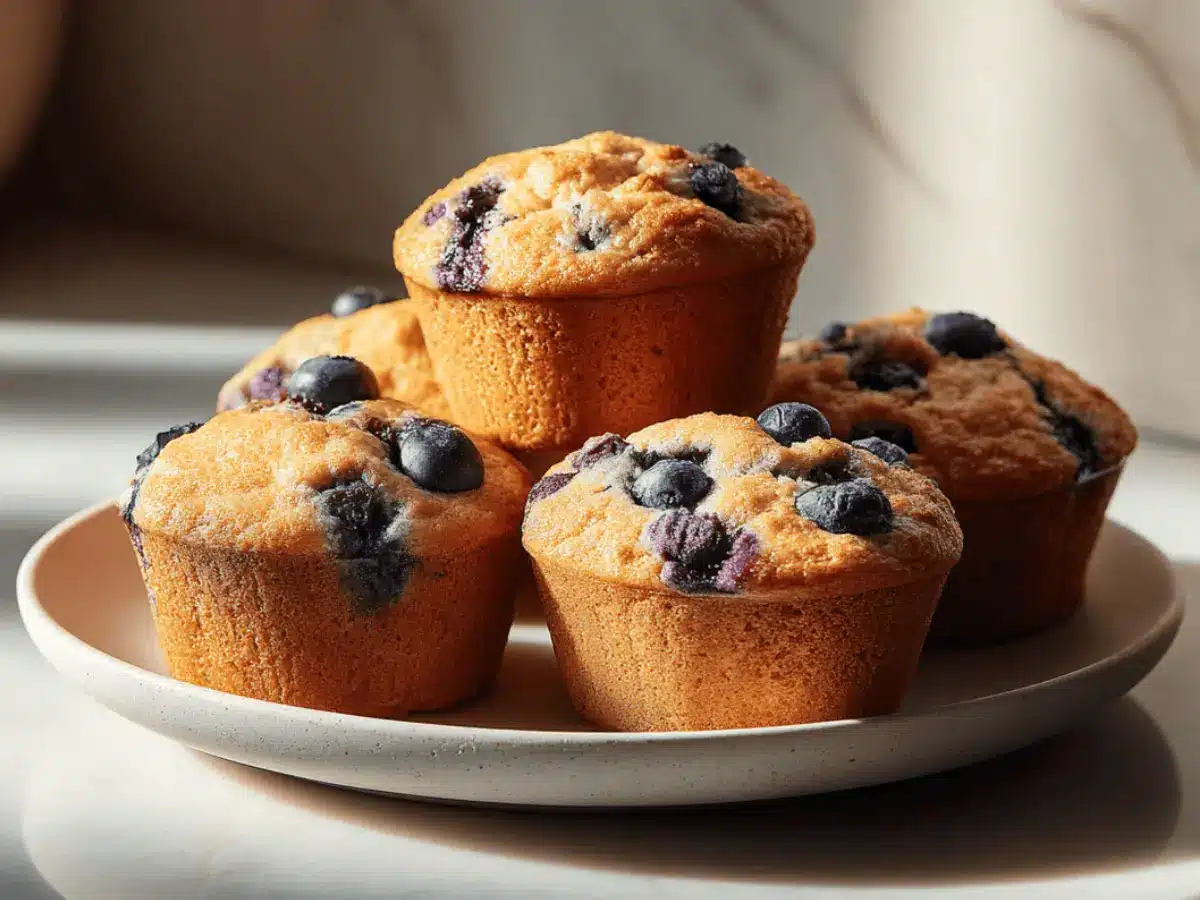 Blueberry protein muffins on a bright marble counter with natural daylight