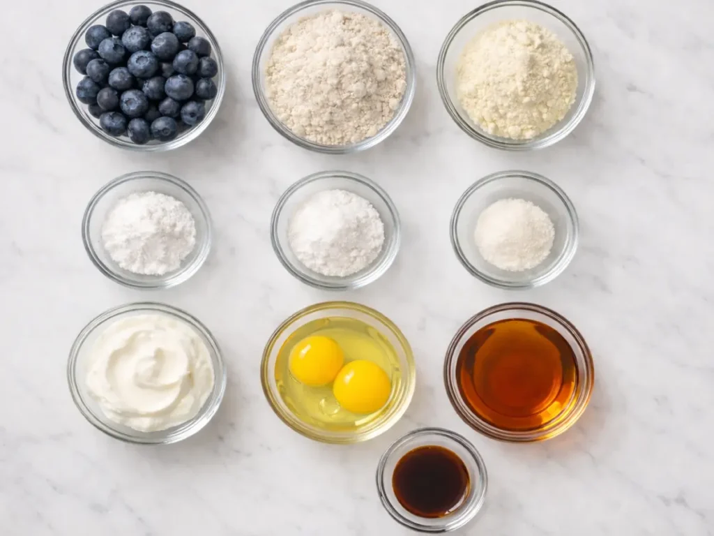 Ingredients for blueberry protein muffins arranged on a marble surface