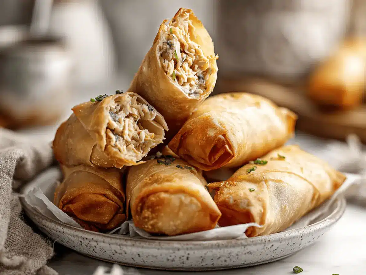 Cheesy tuna pie lumpia with golden crisp wrappers on a marble surface.