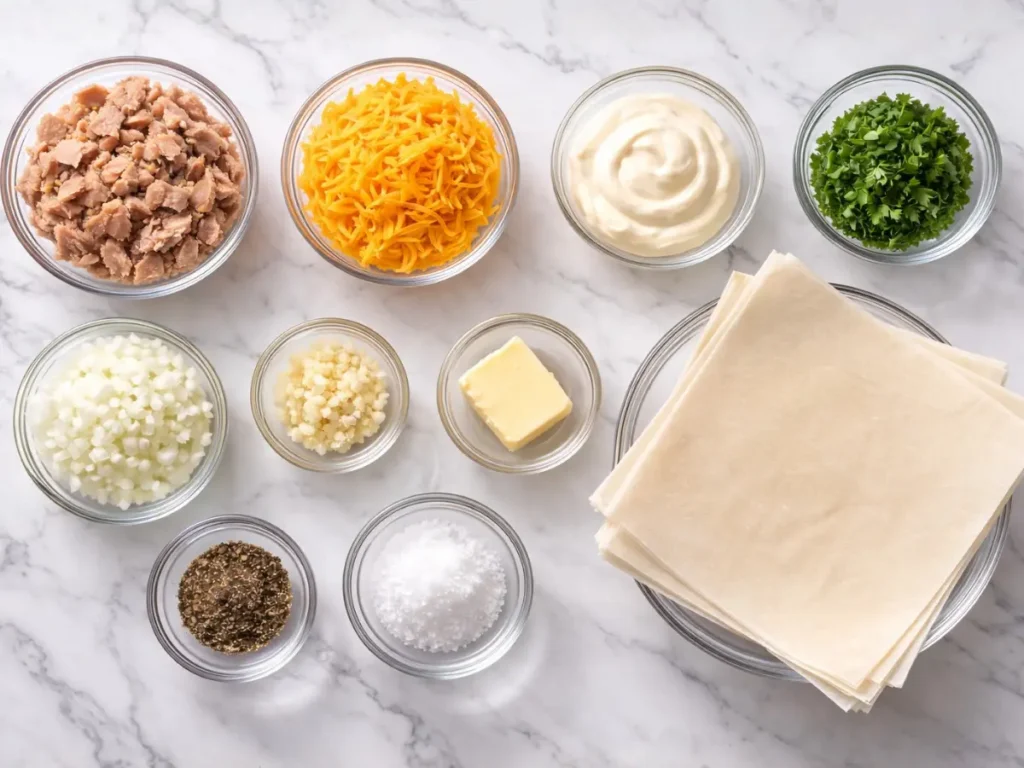 Ingredients for cheesy tuna pie lumpia arranged on a white marble counter.