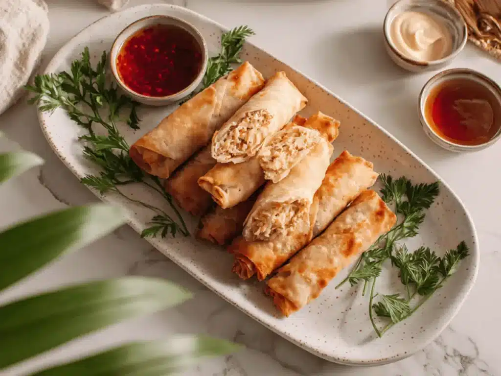 Cheesy tuna pie lumpia served with dipping sauces on a marble surface.