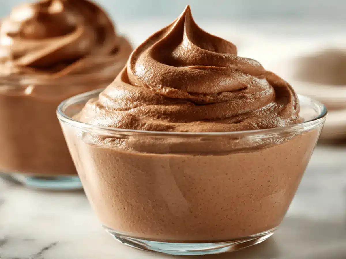 Cottage Cheese Chocolate Mousse served in clear cups on a bright marble surface