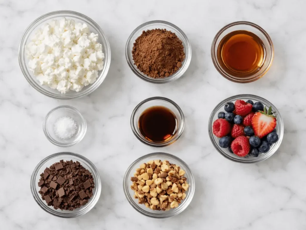 Ingredients arranged on a marble surface for making smooth cottage cheese chocolate mousse