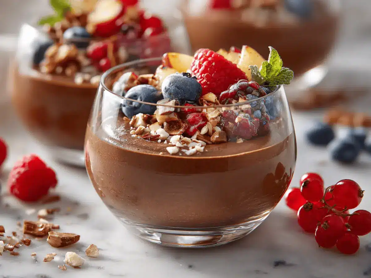 Chocolate mousse served with berries nuts and warm apples