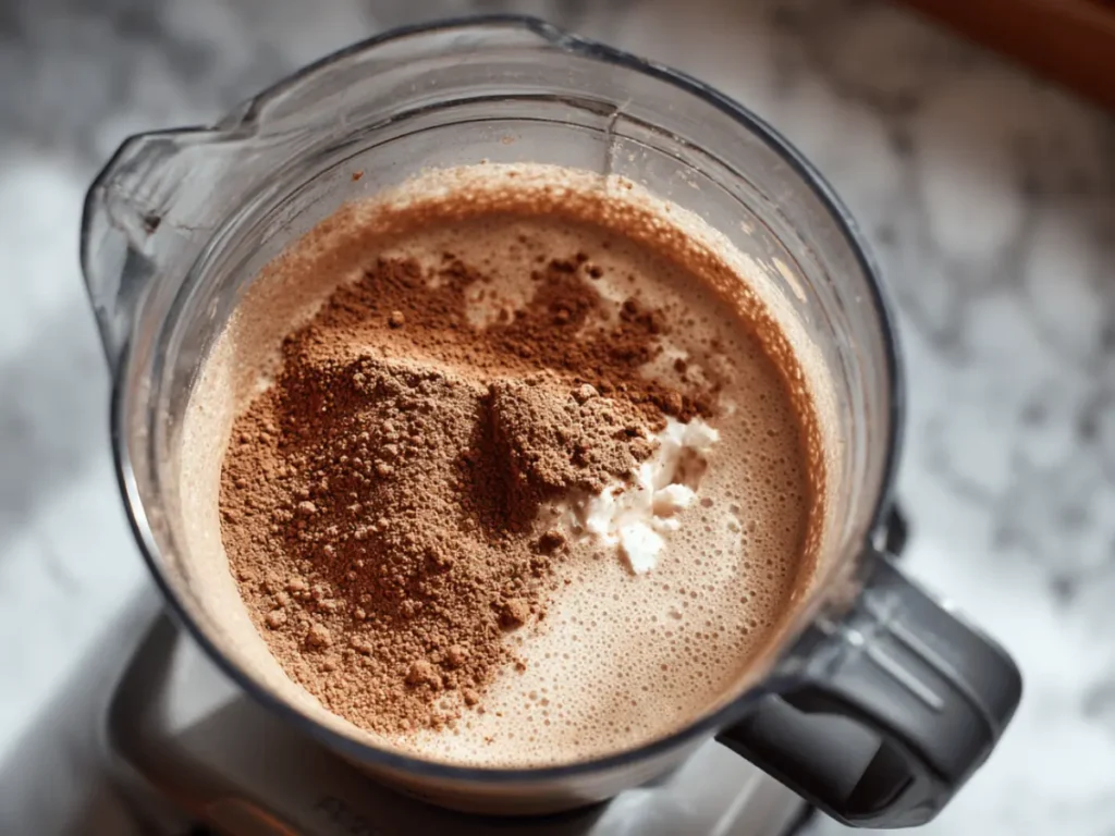 Blending cottage cheese with cocoa to create a smooth cottage cheese chocolate mixture