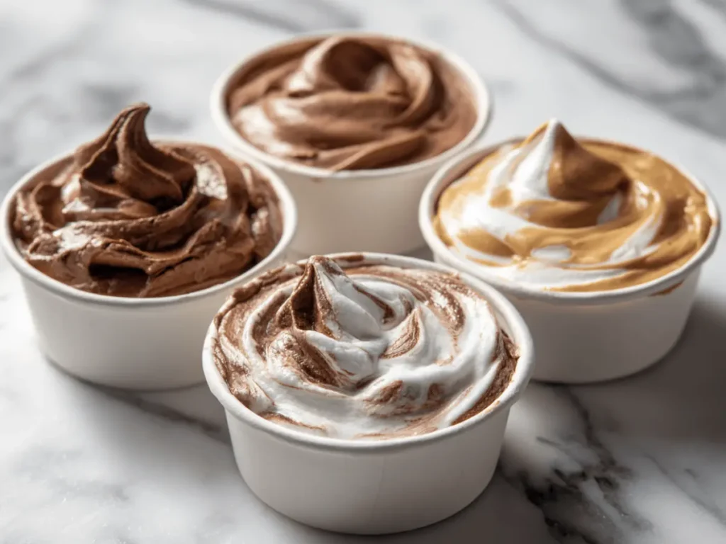 Different flavor variations of chocolate mousse prepared in small dessert cups