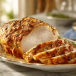 Juicy crockpot turkey breast recipe sliced and arranged on a bright marble surface