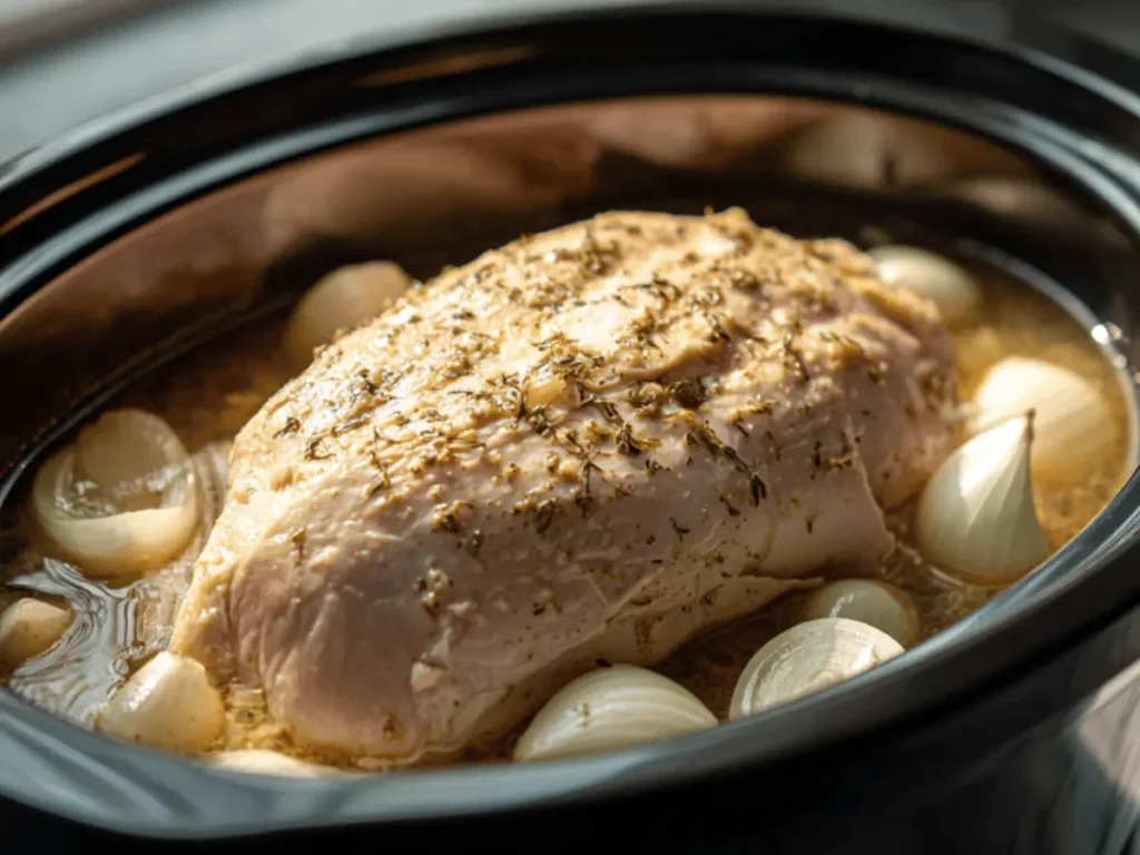 Crockpot Turkey Breast Recipe: The Ultimate Juicy Slow Cooker Secret 3 Turkey breast placed over aromatics in a slow cooker before cooking