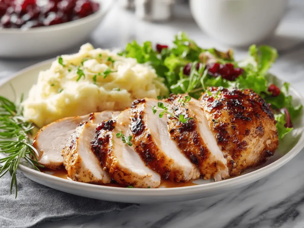 Crockpot Turkey Breast Recipe: The Ultimate Juicy Slow Cooker Secret 4 Plated crockpot turkey breast served with salad and mashed potatoes