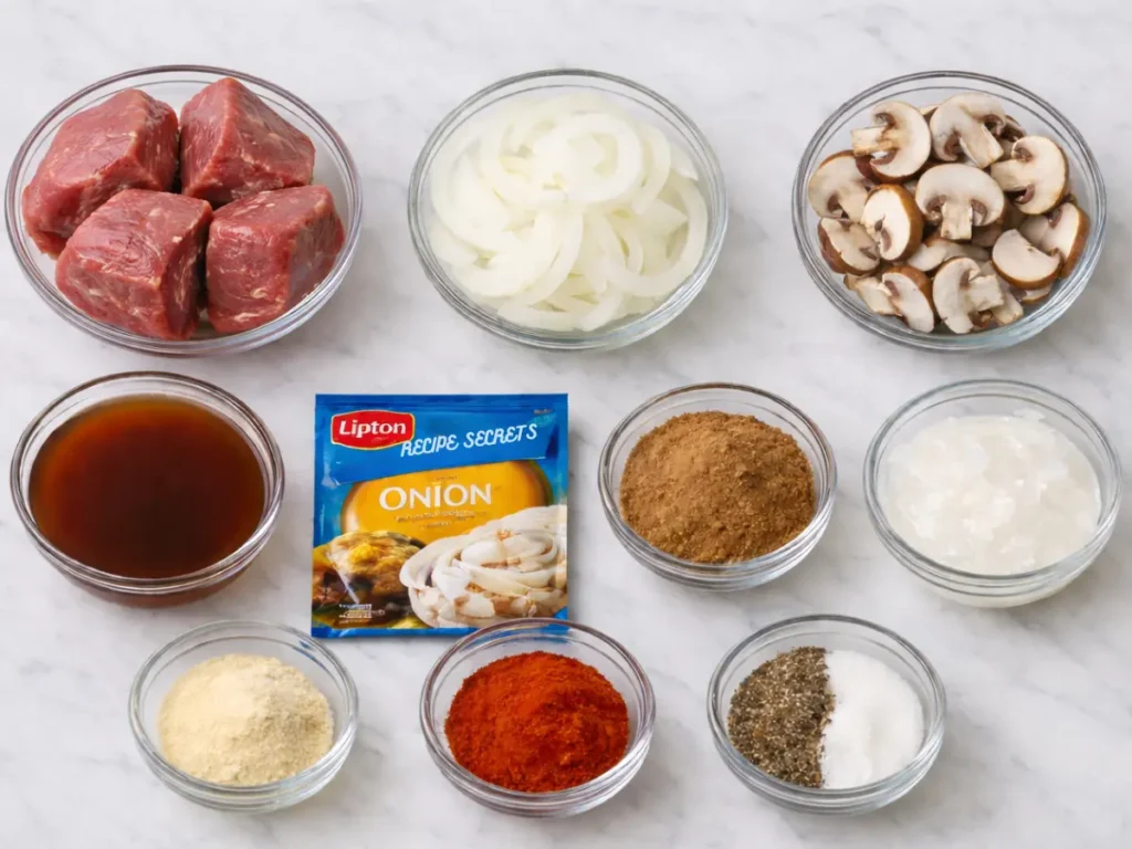 Ingredients for slow cooker cube steak crock pot recipe arranged on a marble counter.