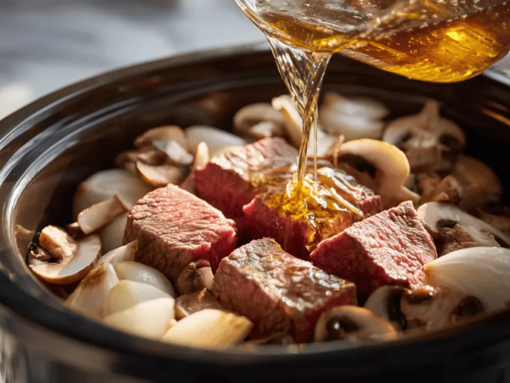 Cube steak layered over onions and mushrooms in a crock pot before cooking.