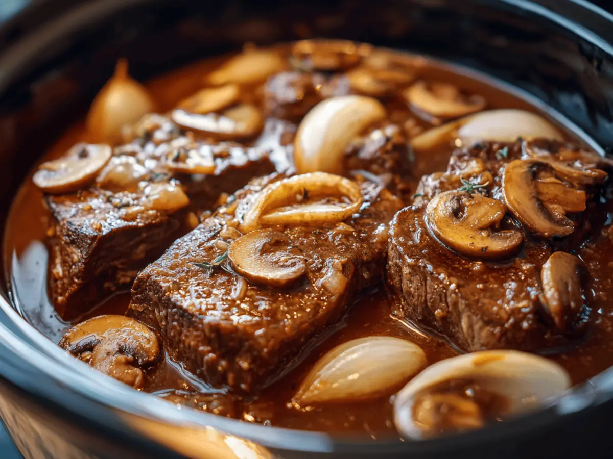 Cube steak crock pot recipe with tender beef simmering in rich gravy.