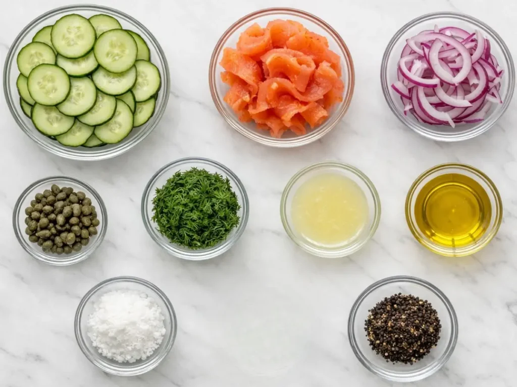 Ingredients for cucumber lox salad arranged on marble