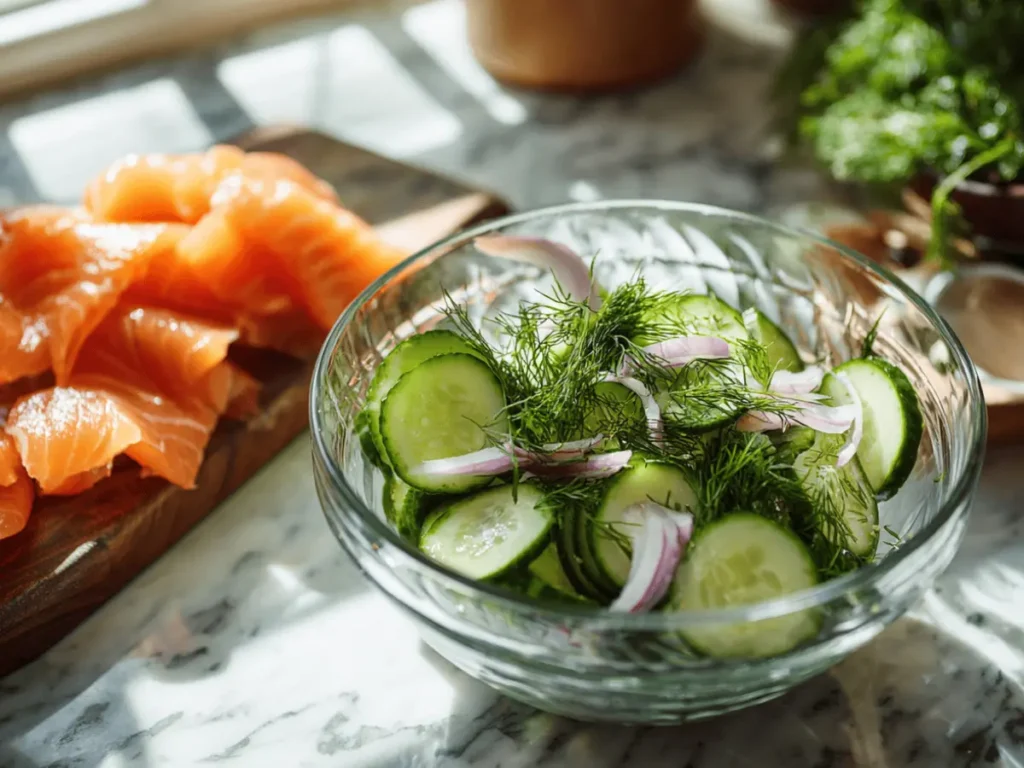 Preparing cucumber lox salad with sliced cucumbers and herbs
