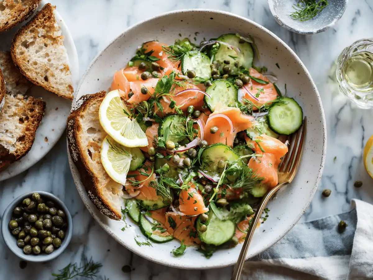 Cucumber lox salad served with sourdough and herbs