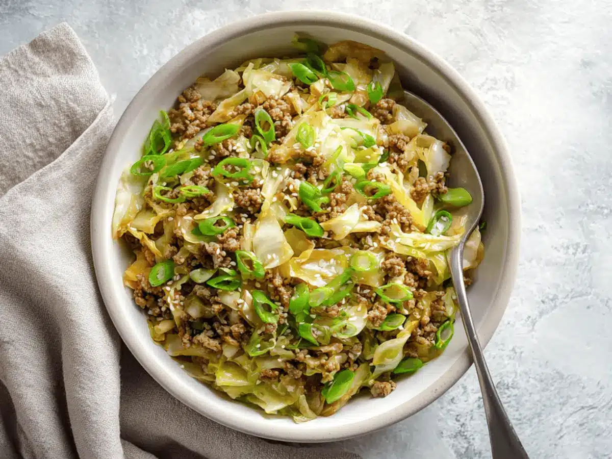 Egg roll in a bowl keto served in a white bowl with cabbage, meat, and green onions on a bright marble surface.
