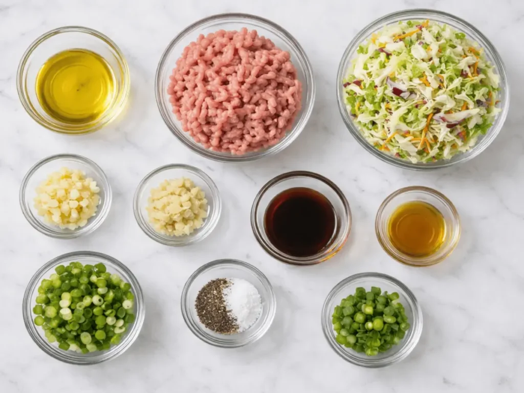 Ingredients for a egg roll in a bowl keto arranged on a marble surface.