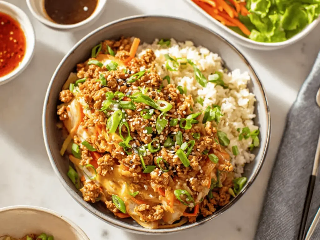 A egg roll in a bowl keto served with cauliflower rice and fresh salad.