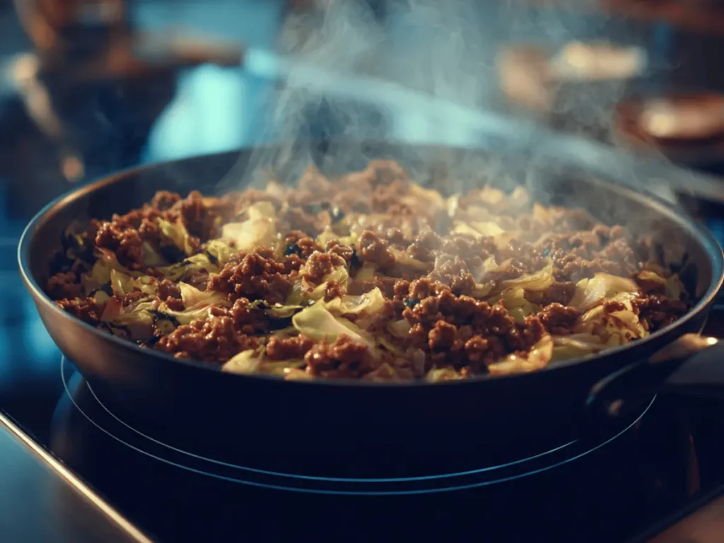 Cooking ground meat and cabbage in a skillet for a egg roll in a bowl keto.