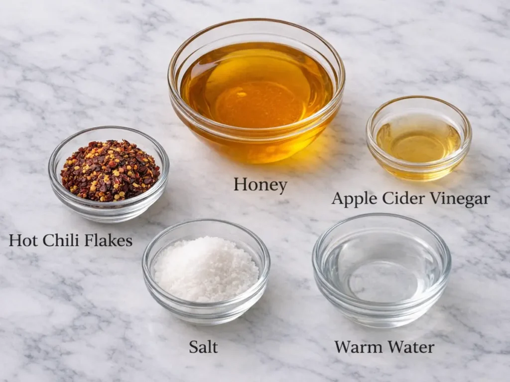 Homemade Hot Honey Recipe: The Ultimate Easy Flavor Booster 2 Ingredients for homemade hot honey recipe including chili flakes, honey, and vinegar on a marble surface.