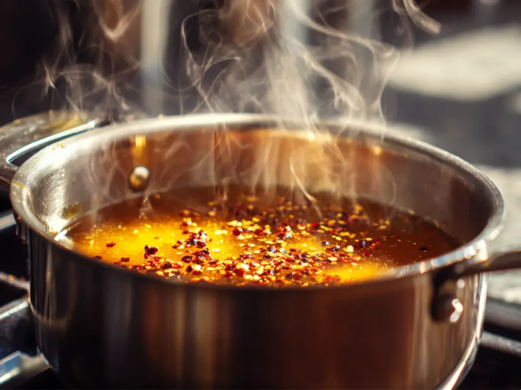 Homemade Hot Honey Recipe: The Ultimate Easy Flavor Booster 3 Chili flakes simmering in warm honey during the cooking process.