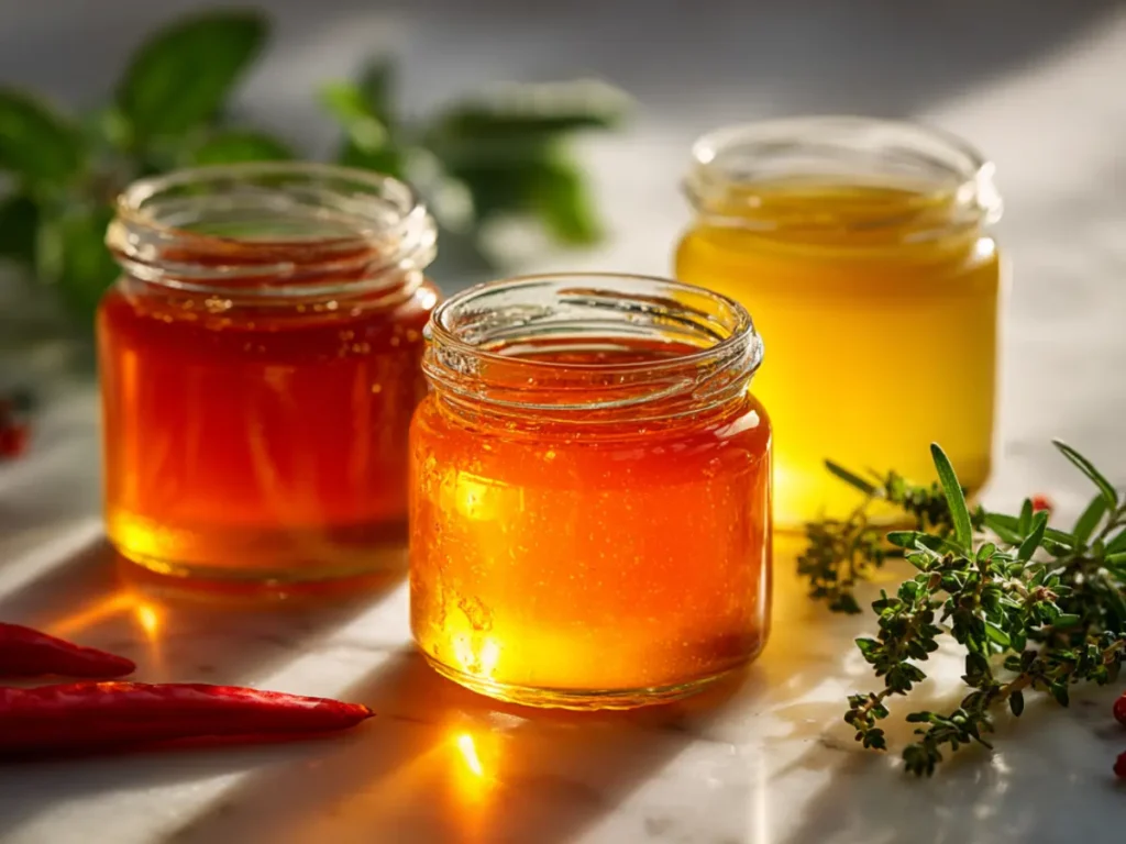 Homemade Hot Honey Recipe: The Ultimate Easy Flavor Booster 4 Three jars of hot honey variations showing mild, smoky, and citrus flavors.