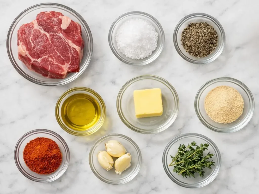 Ingredients for preparing a tender chuck steak on a bright marble surface