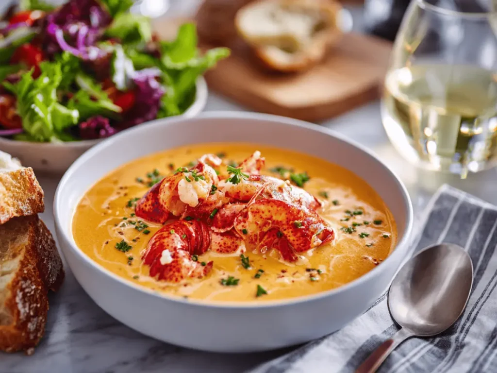 Lobster Bisque Recipe: The Ultimate Creamy Seafood Classic 4 Lobster bisque recipe served with bread, salad, and wine.