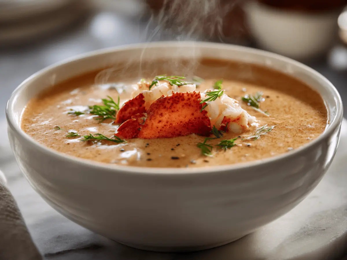Creamy lobster bisque recipe served in a white bowl with lobster garnish.