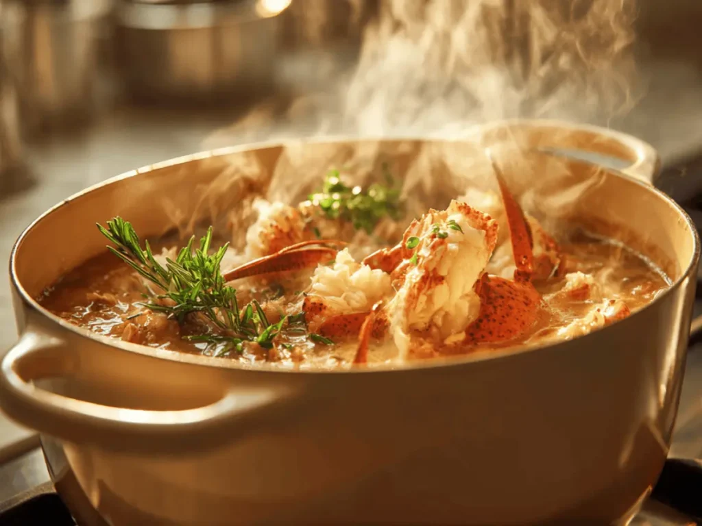 Lobster Bisque Recipe: The Ultimate Creamy Seafood Classic 3 Aromatics and lobster shells simmering while making lobster bisque.