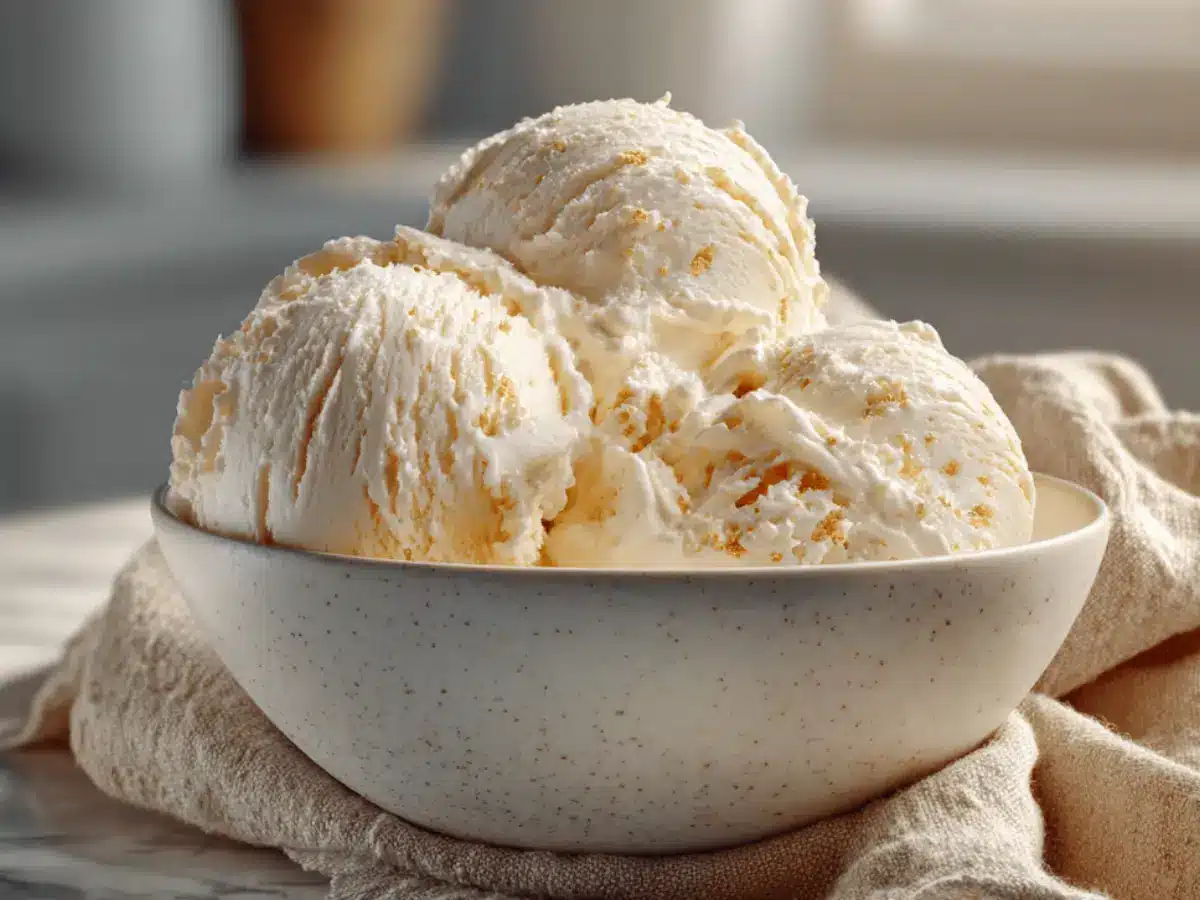 Low calorie high protein Ninja Creami vanilla ice cream served in a chilled pint.