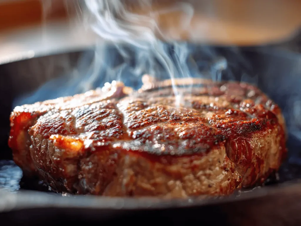 How is chuck steak best cooked while it sears in a cast iron skillet with a crust forming in natural daylight