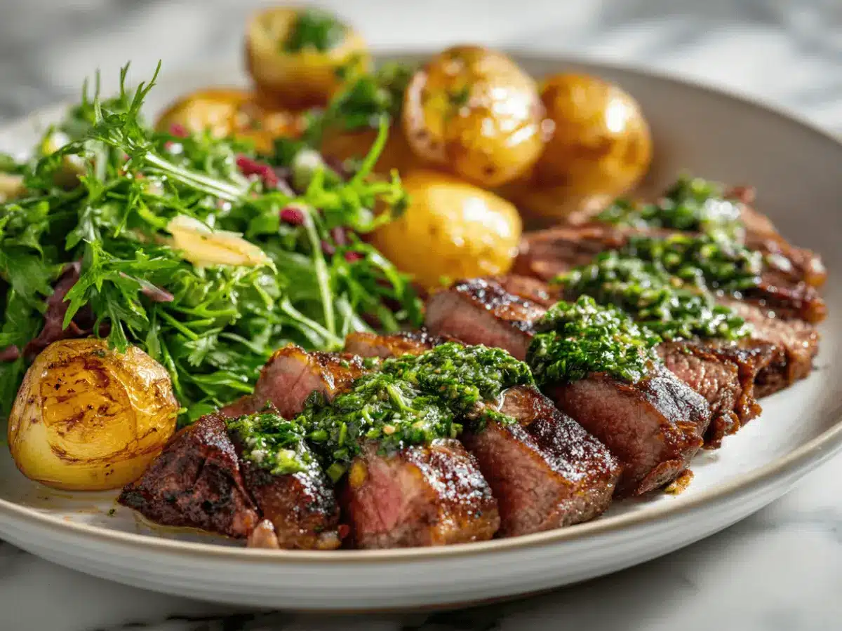 Tender sliced chuck steak with bright chimichurri and roasted potatoes