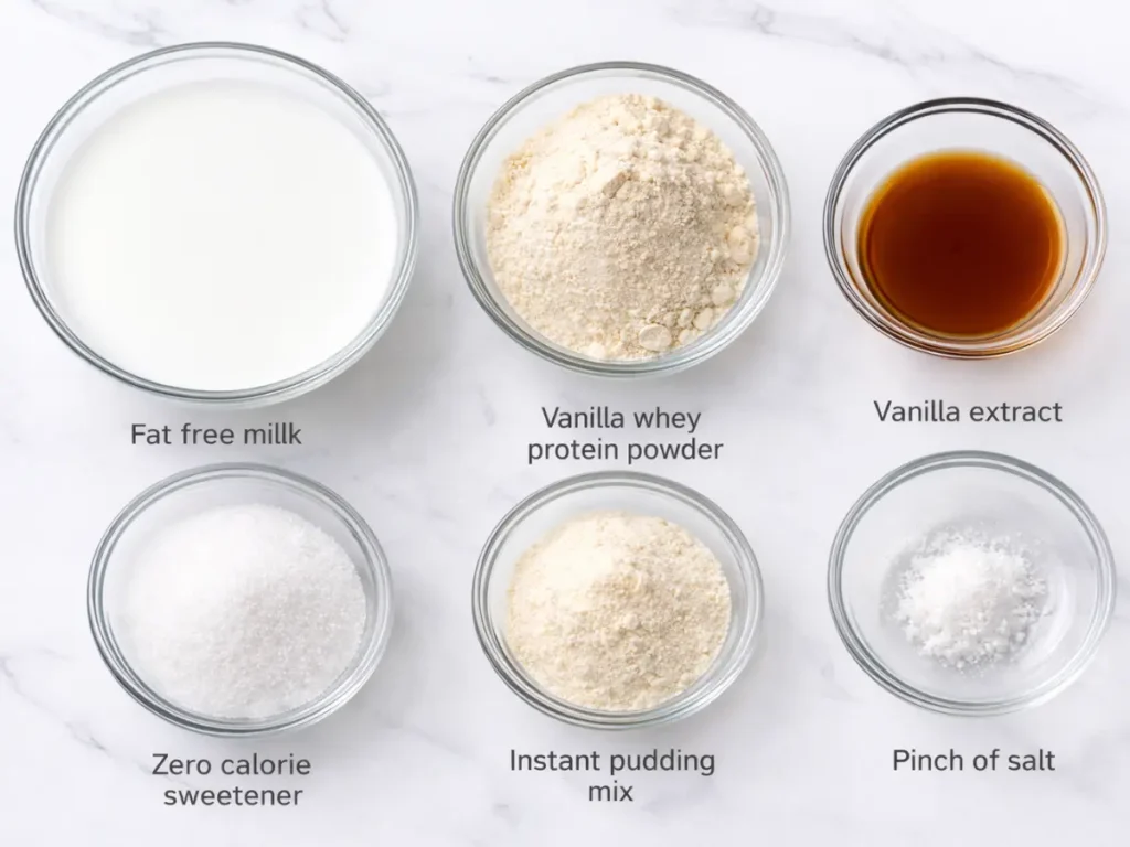 Low Calorie High Protein Ninja Creami Recipe: The Ultimate Vanilla Protein Ice Cream Base 2 Ingredients for a low calorie high protein vanilla Ninja Creami recipe base on marble.