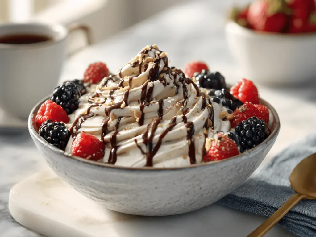 Low Calorie High Protein Ninja Creami Recipe: The Ultimate Vanilla Protein Ice Cream Base 5 Vanilla Ninja Creami served with berries and light toppings for a low calorie dessert.
