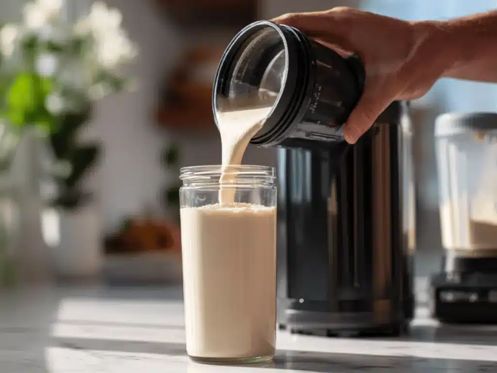 Low Calorie High Protein Ninja Creami Recipe: The Ultimate Vanilla Protein Ice Cream Base 3 Pouring blended vanilla protein mixture into a Ninja Creami pint before freezing.