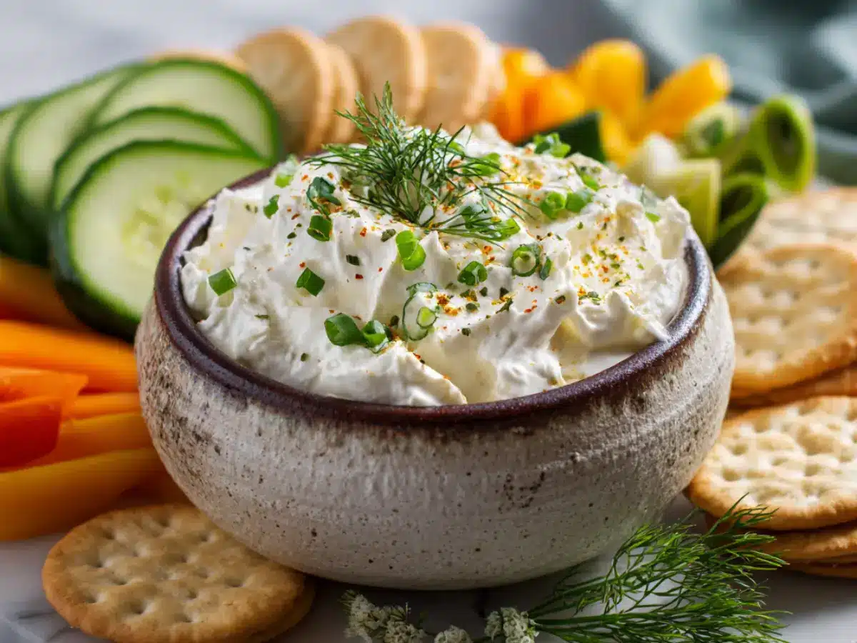 Creamy cottage cheese mustard dip served with fresh vegetables and crackers