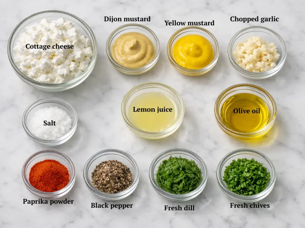 Ingredients for cottage cheese mustard dip including cottage cheese, mustard, lemon, and herbs