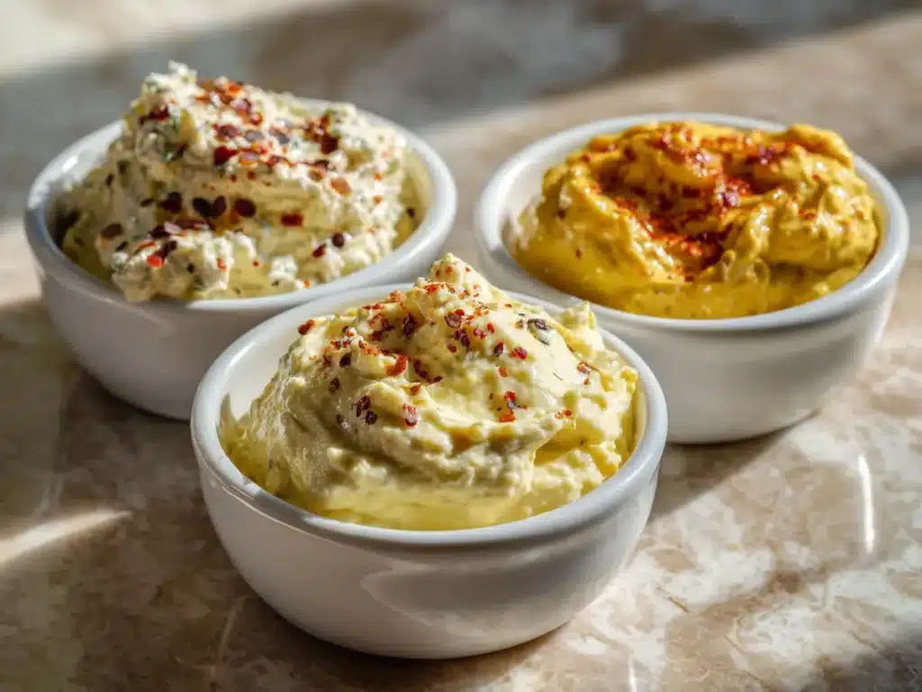 Different variations of cottage cheese mustard dip including honey mustard and spicy versions