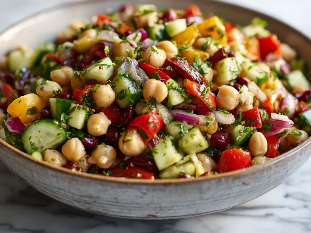Dense bean salad with chickpeas, vegetables, and herbs in a bright kitchen