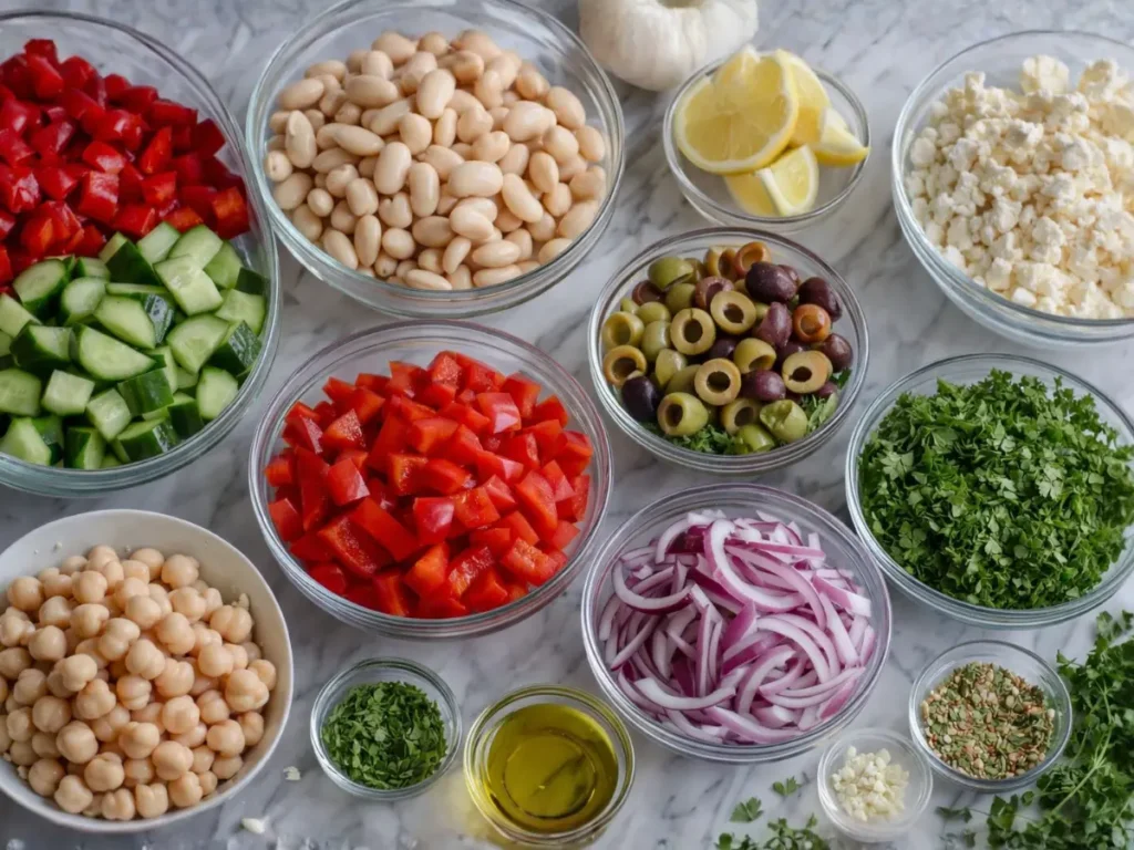 Ingredients for a healthy bean salad neatly arranged