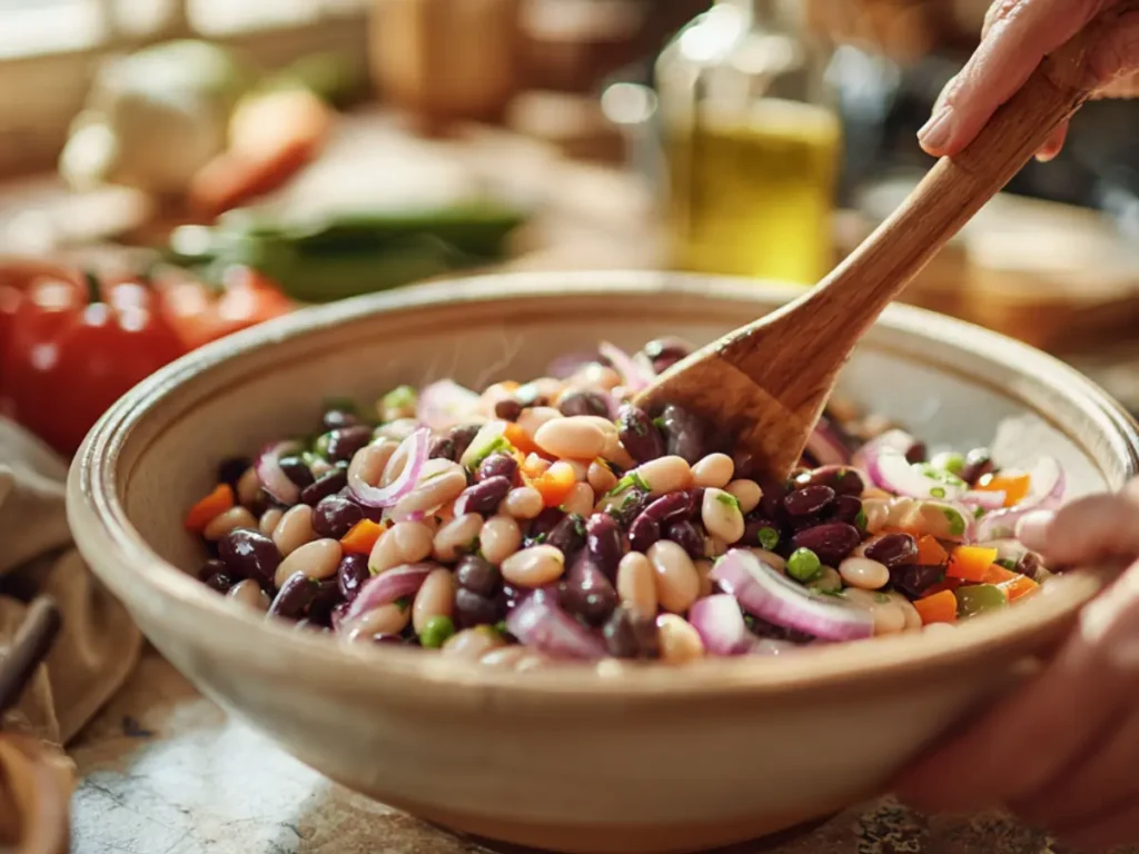 Mixing dense bean salad with dressing in a bowl