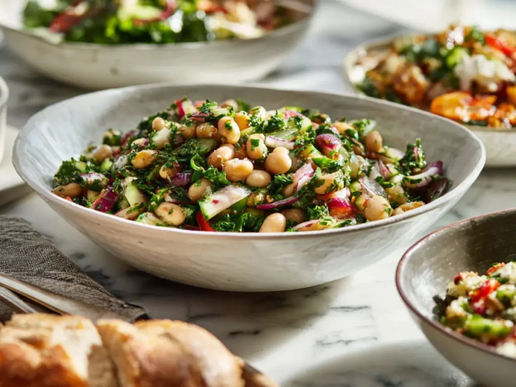 Dense bean salad served with sides and pairings