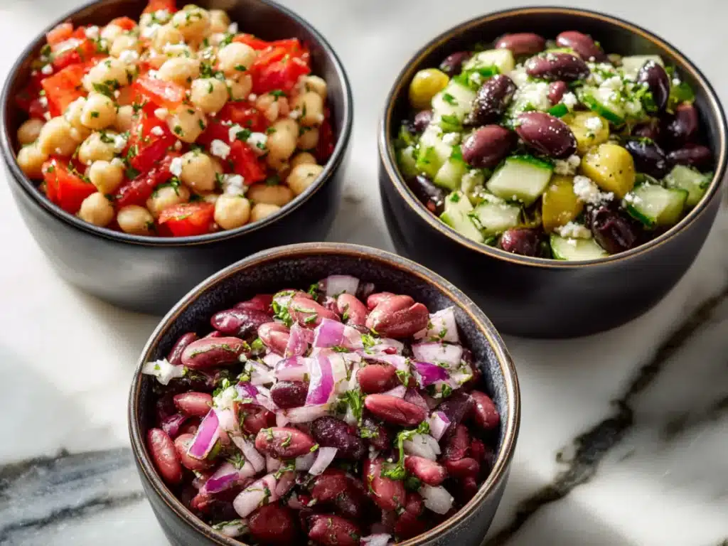 Different variations of dense bean salad in bowls