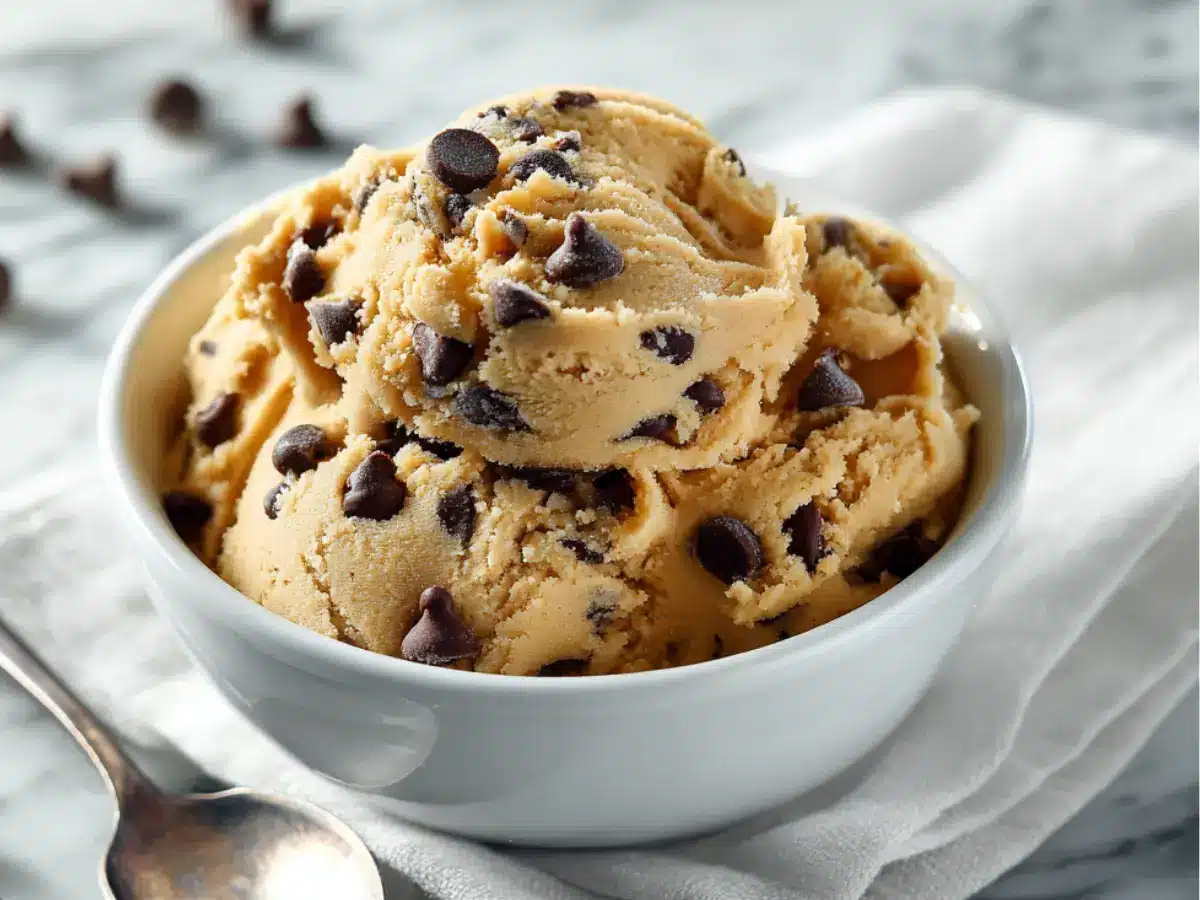 Creamy edible protein cookie dough with chocolate chips in a bowl