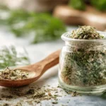 Homemade ranch seasoning in glass jar on marble countertop