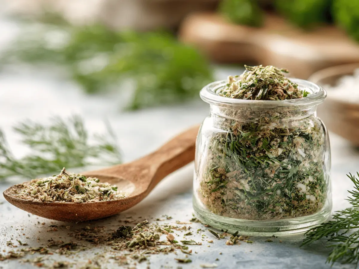 Homemade ranch seasoning in glass jar on marble countertop