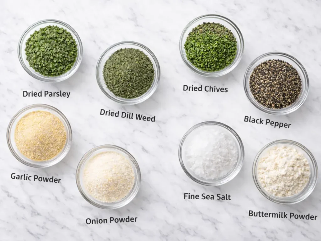 Ingredients for homemade ranch seasoning displayed in small bowls