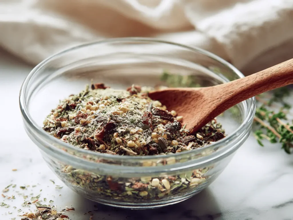 Mixing homemade ranch seasoning in glass bowl