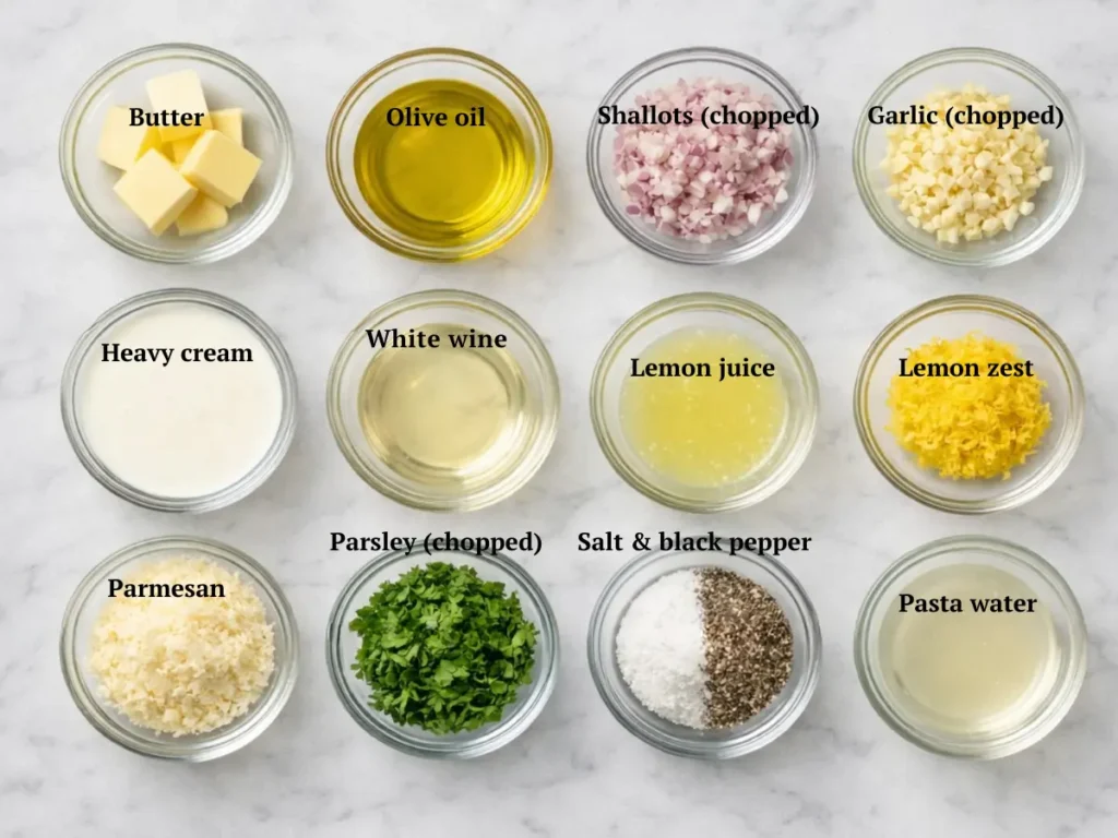 Ingredients for lobster ravioli sauce including butter, lemon, cream, and garlic